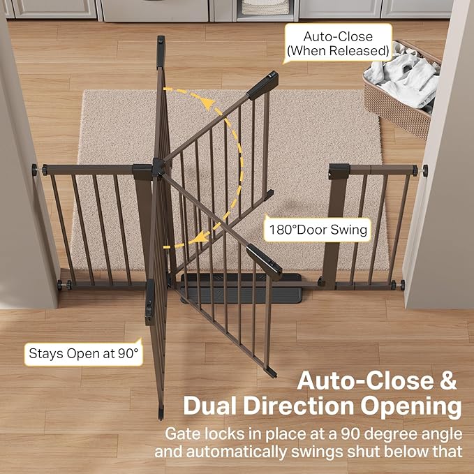Cumbor 29.7–51.5" Extra Wide Baby Gate for Stairs, Pressure-Mounted Dog Gates for Doorways & Hallways, Auto-Close Walk-Through, No-Trip Design, Child Proof Safety, Dog/Pet Gate for Indoor Use, Brown