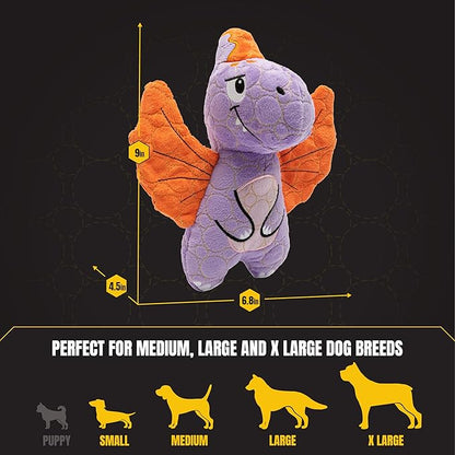 Bite Force - Durable & Strong Dog Toy Purple Dino with Squeaker, Kevlar-Reinforced for Aggressive chewers.