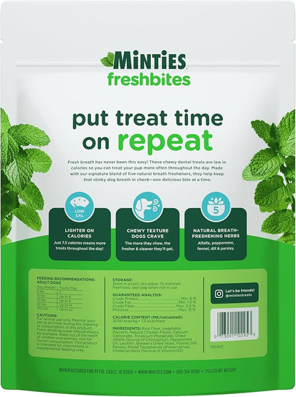 Minties FreshBites Soft and Chewy Dental Treats, Low Calorie Natural Mint Flavored Dental Chews for Dogs, 50 Count, Dog Chews Clean Teeth, Fight Bad Breath, Removes Plaque and Tartar
