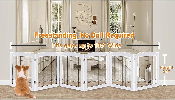 LZRS 6-Panel Extra Wide Wooden Freestanding Dog Gate: Foldable Solid Wood and Steel Wire Chew Resistant Safety Barrier for Doorways, Stairs, and Open Long Spaces Indoor Use, White