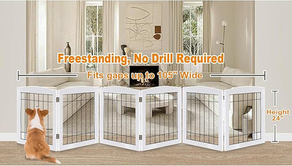 LZRS 6-Panel Extra Wide Wooden Freestanding Dog Gate: Foldable Solid Wood and Steel Wire Chew Resistant Safety Barrier for Doorways, Stairs, and Open Long Spaces Indoor Use, White