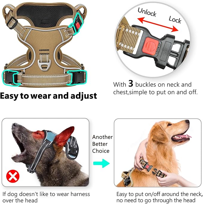 Timos Dog Harness Large Sized, No Pull Pet Harness with Neck Lockable Snap,No Choke Front Clip Dog Reflective Vest,Adjustable Metal Rings 3 Buckles,Easy Control Handle for Large Dogs Khaki L