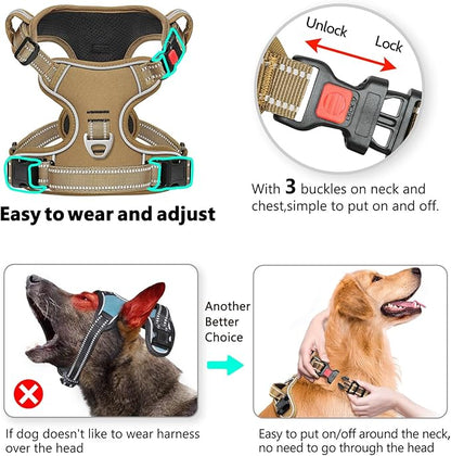Timos Dog Harness Large Sized, No Pull Pet Harness with Neck Lockable Snap,No Choke Front Clip Dog Reflective Vest,Adjustable Metal Rings 3 Buckles,Easy Control Handle for Large Dogs Khaki L