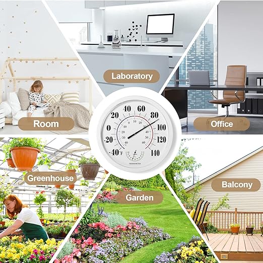 Indoor Outdoor Thermometer Wall Large Numbers Thermometer No Battery 10" Hanging Digital Weather Hygrometers for Home Garden Outside Patio Decor (White)