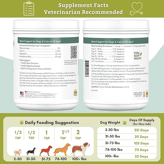 Wholistic Pet Organics Diatomaceous Earth - Food Grade for Dogs & Cats - 13 Oz - Multi Use Powder - Pet Safe Non-Chemical Freshwater Sourced Silica Supports Overall Health - Made in USA - 105 Scoops