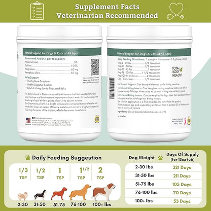 Wholistic Pet Organics Diatomaceous Earth - Food Grade for Dogs & Cats - 13 Oz - Multi Use Powder - Pet Safe Non-Chemical Freshwater Sourced Silica Supports Overall Health - Made in USA - 105 Scoops