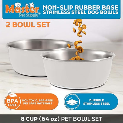 Master Pet Supply Stainless Steel Dog Bowls Set of 2 (64 Oz Each) with Non-Slip Rubber Base - Bone White - Basic Dog Food Bowl Water & Food Bowls for Small Medium Large Dogs & Cats, Metal Dish