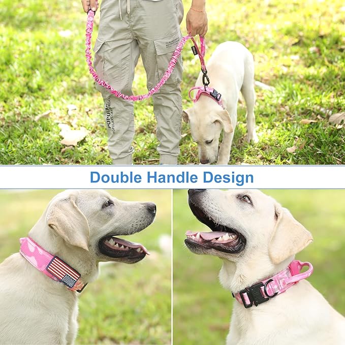 Hotsky Tactical Dog Collar and Leash Set, Heavy Duty Military Airtag Dog Collar with Handle and Metal Buckle for Training and Walking, with Airtag Holder and Two Patches (Pink Camo, L)