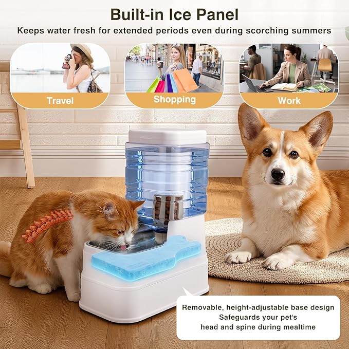 2 Pack Automatic Cat Feeder and Water Dispenser 1.3Gallon Dog Gravity Food Feeder and Water with Ice Pack Stainless Steel Dry Food and Waterer Bowl for Small Medium Large Pets (White)