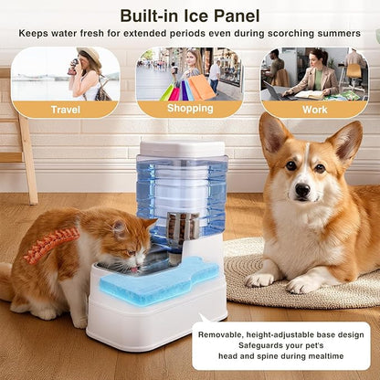 2 Pack Automatic Cat Feeder and Water Dispenser 1.3Gallon Dog Gravity Food Feeder and Water with Ice Pack Stainless Steel Dry Food and Waterer Bowl for Small Medium Large Pets (White)