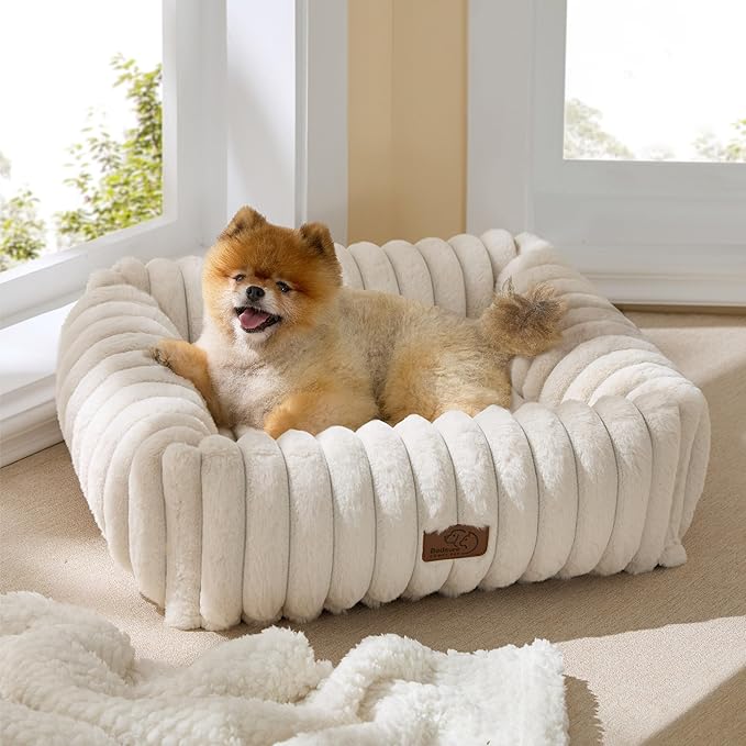 Bedsure ComfyFleece™ Cute Dog Bed for Small Medium Dogs - Washable Furry Puppy Beds, Rectangle Orthopedic Corduroy Fleece Pet Beds with Removable Zipper Cover, 25x21x7inches, Cream