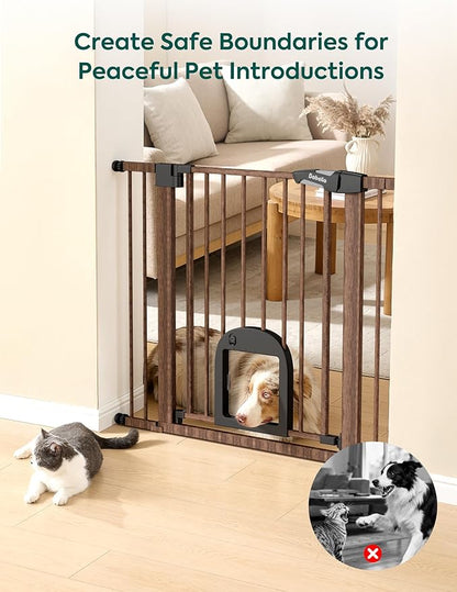 Babelio CatPrivilege Ⅲ Baby Gate with Cat Door, 29"-43" Adjustable Black Wood Pattern Pet Door, 30" Tall Pressure Mounted Safety Gate for Stairs & Doorways, Auto Close,Wall Protectors Included