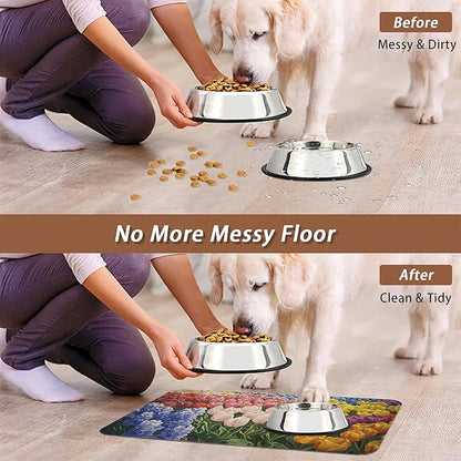 Tulip Lavender Pet Feeding Mat,Vintage Flower Fields Absorbent Quick-Dry Cat Dog Food and Water Bowl Mats,Non-Slip Rubber Backing Mat,Cat Dog Accessories Supplies 16"x24"