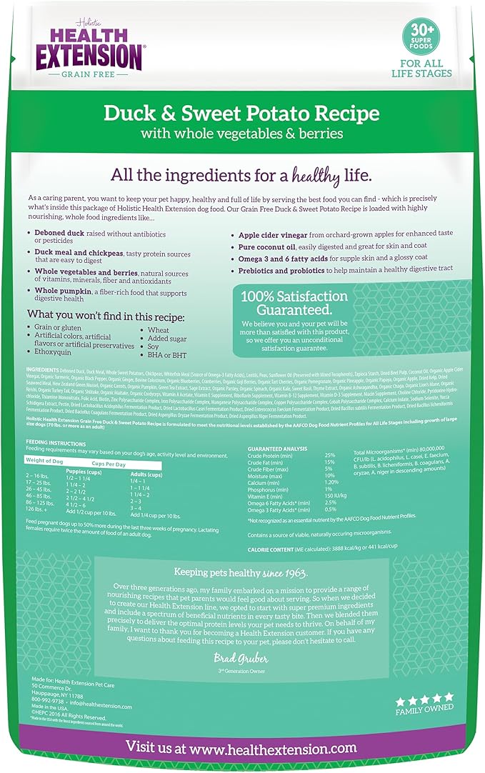 Health Extension Grain Free Duck & Sweet Potato Dry Dog Food - 30+ Superfoods and Probiotics for All Life Stages (4 lb)