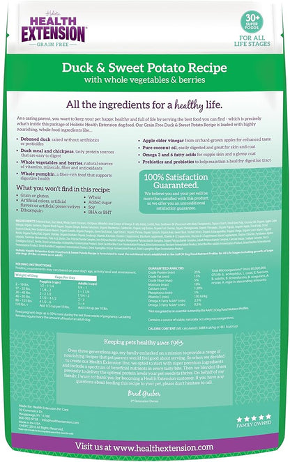 Health Extension Grain Free Duck & Sweet Potato Dry Dog Food - 30+ Superfoods and Probiotics for All Life Stages (23.5 lb)