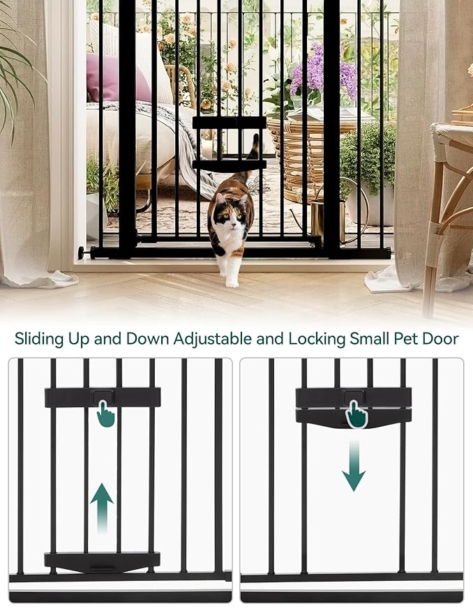 Babelio 36 Inch Extra Tall Baby Gate with Cat Door, 29-48" Auto Close Pet Door for Stairs, Doorways and House, with Wall Cups, Black