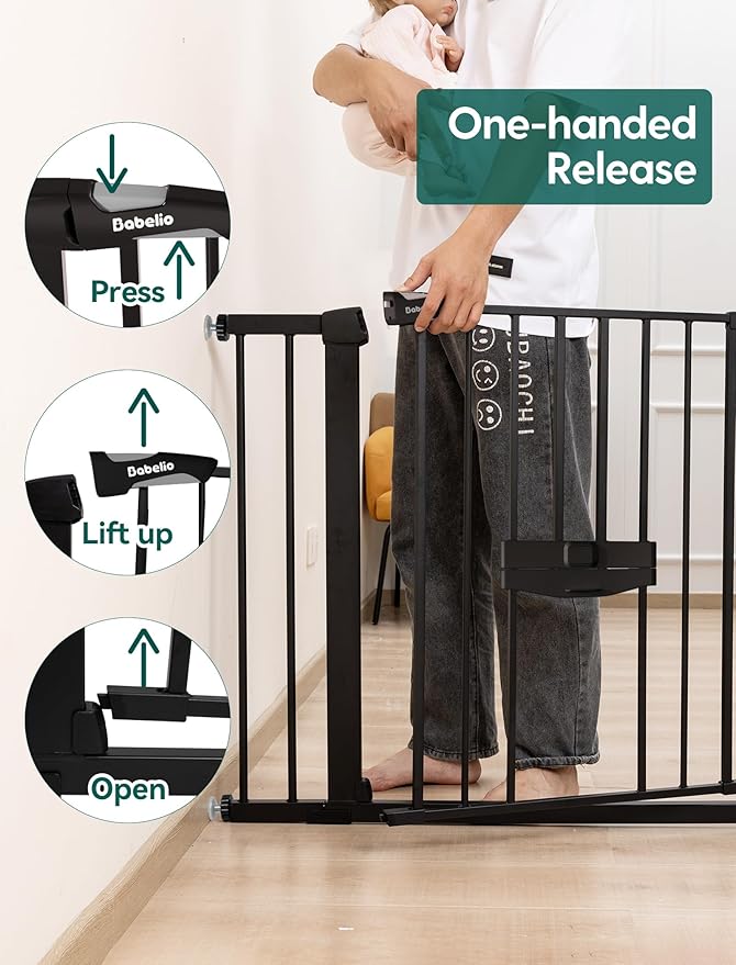 Babelio New Version Baby Gate with Cat Door Adjustable, 29-40" Metal Pet Door for Stairs & Doorways, Pressure Mounted, No Tools Needed, Black
