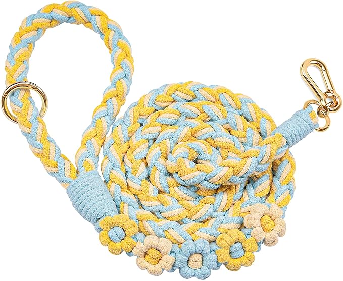 Handmade 5ft Braided Cotton Dog Leash with Unique Floral Handle, Durable and Stylish, Ideal for Small to Large Dogs, Blue & Yellow Twist