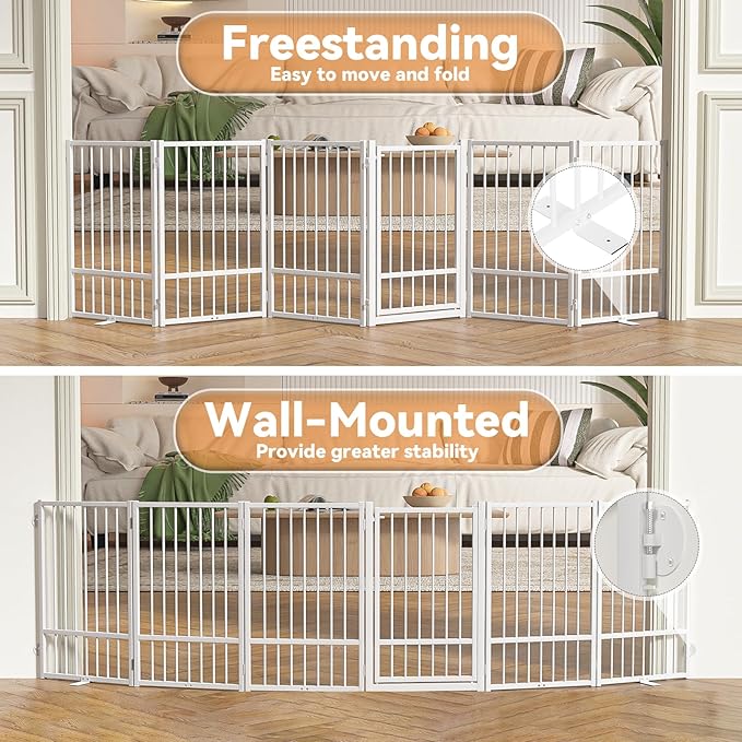 SNUOWU Full Metal Freestanding Dog Gate with Door, 32''Height Foldable Pet Dog Fence for Indoor & Outdoor, 6 Panels Extra Wide Free Standing TallDog Gates for Doorways,House,Stairs,Porch,Deck,Yard