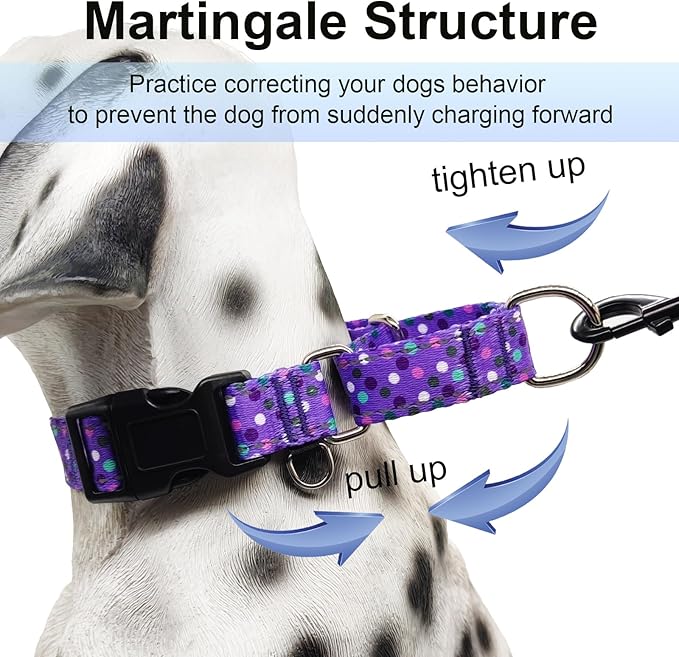 Reflective Martingale Collar for Dogs with Quick Release Buckle Cute No Pull Training Dog Collars (Purple Polka Dot, Small)