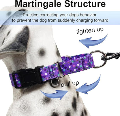 Reflective Martingale Collar for Dogs with Quick Release Buckle Cute No Pull Training Dog Collars (Purple Polka Dot, Small)