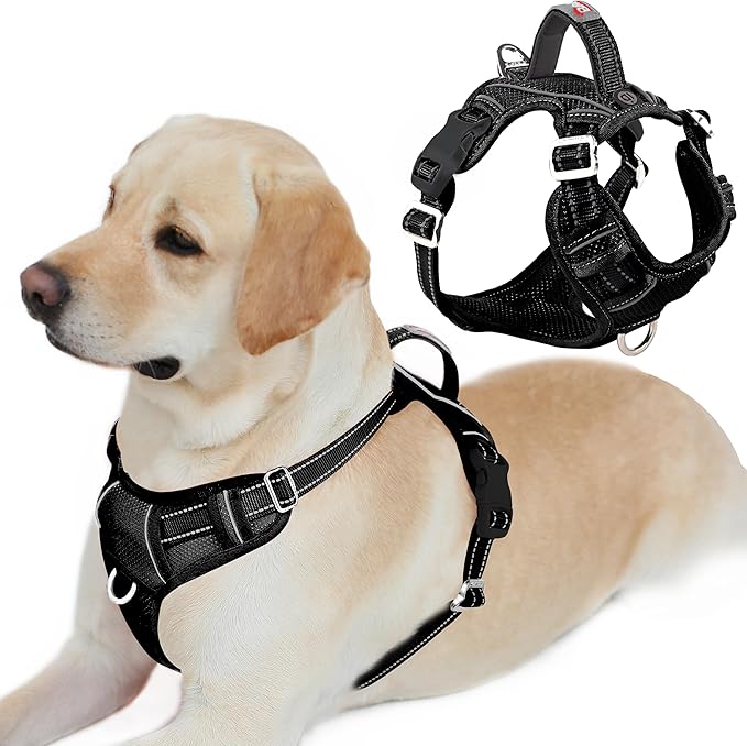 BARKBAY Dog Harness No Pull with ID Tag Pocket - Heavy Duty, Reflective, Easy Control for Large Dogs(Black,L)