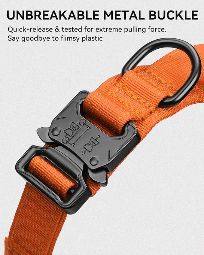 Joytale Tactical Dog Collar with Handle and Metal Buckle, Heavy Duty Padded Military Collar with 2 Patches for Training, Adjustable for XLarge Dogs, Orange, XL