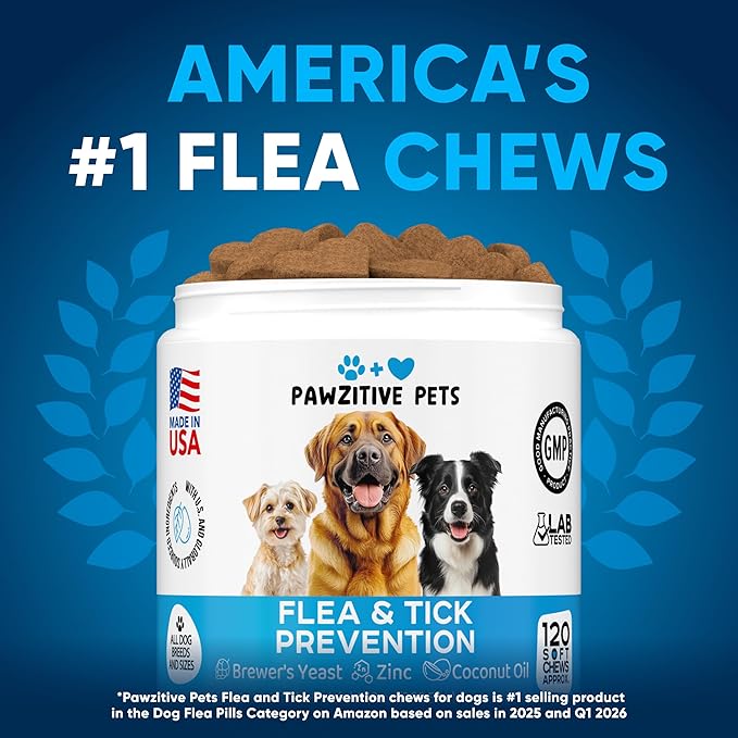Chewable Flea and Tick Prevention for Dogs - 120 Soft Chews Made in USA - Oral Flea and Tick Control Pills for Small, Medium, Large Dogs and Puppies - Skin and Coat Supplement Treats for All Breeds