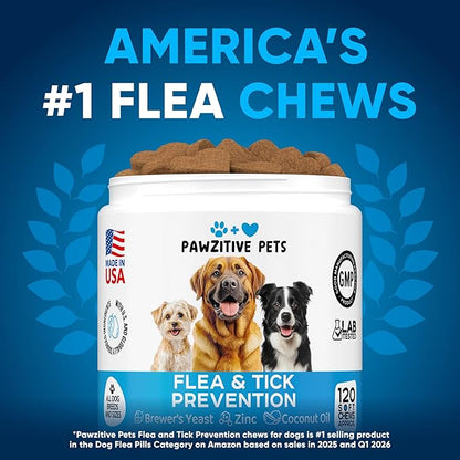 Chewable Flea and Tick Prevention for Dogs - 120 Soft Chews Made in USA - Oral Flea and Tick Control Pills for Small, Medium, Large Dogs and Puppies - Skin and Coat Supplement Treats for All Breeds
