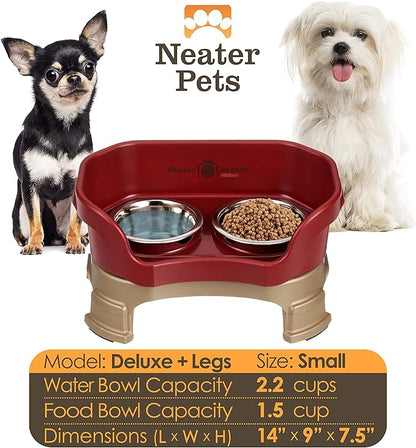 Neater Feeder Deluxe Mess-Proof Elevated Dog Bowls for Small Dogs (Up to 19 lbs), 2 Height Adjustable (6” & 7.5”) No-Spill Raised Dog Bowl Stand, Stainless Steel Food Bowl Set, Made in USA, Cranberry