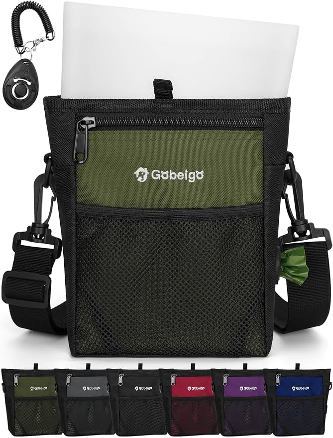 Gobeigo Dog Treat Pouch, Magnetic Closure & Sealable Silicone Bag Insert, 4-Cup Capacity – Belt Clip/Waist Belt/Crossbody Wear, Clicker Included – Great for Pet Training & Walking (Army Green)