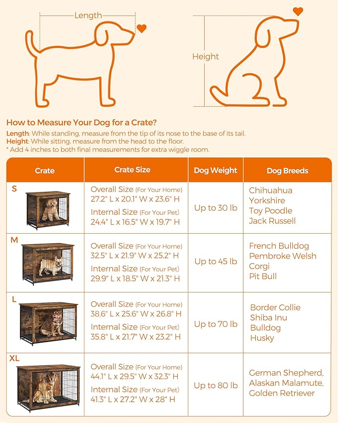 Feandrea 44.1" Dog Crate Furniture, Indoor Dog Cage Side End Table, XL Pet Wood Kennel for Large and Medium Dogs up to 80 lb with Multi-Purpose Removable Tray, Double-Door Pet House, Rustic Brown