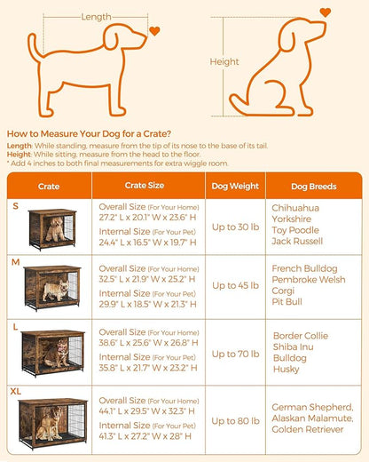 Feandrea 44.1" Dog Crate Furniture, Indoor Dog Cage Side End Table, XL Pet Wood Kennel for Large and Medium Dogs up to 80 lb with Multi-Purpose Removable Tray, Double-Door Pet House, Rustic Brown