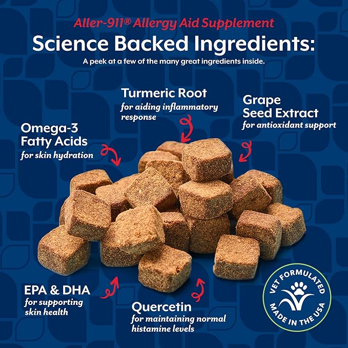 NaturVet Aller-911 Advanced Allergy Aid for Dogs, Cats – Antioxidant-Rich Pet Supplement with Omegas, DHA, EPA – Helps Support Dog Immune System, Cat Respiratory Health, Skin Moisture 180 Soft Chews