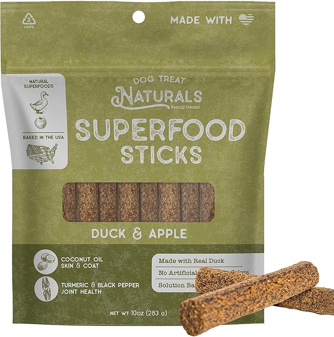 Dog Treat Naturals Superfood Sticks, Duck & Apple, 10oz Bag | Dog Chew Sticks | All-Natural, Pet Training Treats | Joint-Skin-Coat Health | USA Made