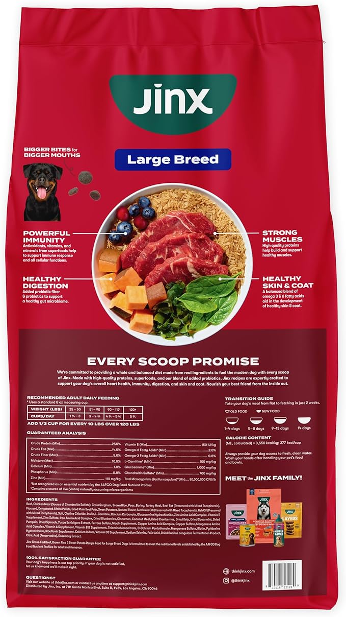 Jinx Premium Dog Food Dry for Large Breed - Adult Dog Food with Real Beef, Brown Rice & Sweet Potato Kibble with Antioxidants for Joint Health, Mobility & Immune Support - No Fillers - 30lb
