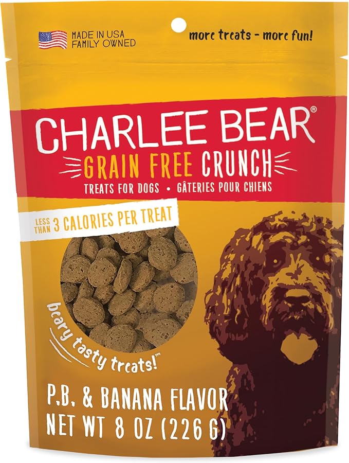 Charlee Bear Crunch Grain Free Dog Treats, Peanut Butter and Banana, 8 Ounce Resealable Bag, Low Calorie Training Treats for Dogs, Limited Ingredient, Healthy, Crunchy Dog Snacks, Made in USA