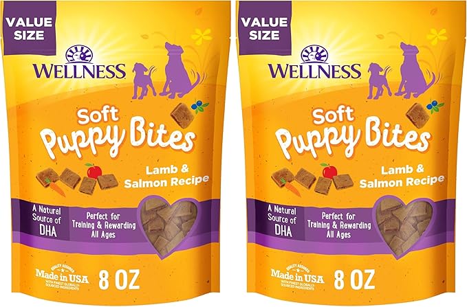 Wellness Soft Puppy Bites Healthy Grain-Free Treats for Training, Dog Treats with Real Meat and DHA, No Artificial Flavors (Lamb & Salmon, 8-Ounce Bag) (Pack of 2)