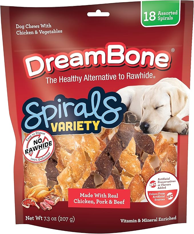 DreamBone Spirals Variety Pack, No-Rawhide Chews for Dogs, 18 Spiral Chews