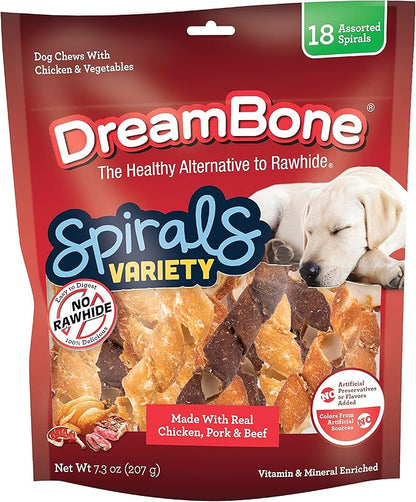 DreamBone Spirals Variety Pack, No-Rawhide Chews for Dogs, 18 Spiral Chews