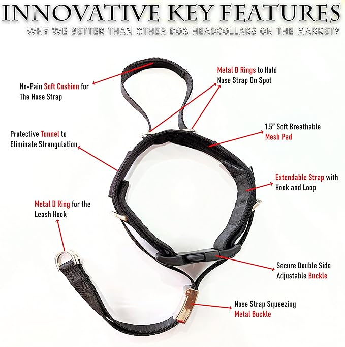 PetsProMax - Dog Headcollar for Pulling and Reactive Dogs; Behind Head Dog Leash Hook Lets You Walk Peacefully; Instantly Stops Your Dog Pulling. Dogs No-Pull Training Collar for Large Dogs. Red (S)