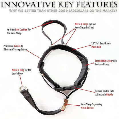 PetsProMax - Dog Headcollar for Pulling and Reactive Dogs; Behind Head Dog Leash Hook Lets You Walk Peacefully; Instantly Stops Your Dog Pulling. Dogs No-Pull Training Collar for Large Dogs. Red (S)