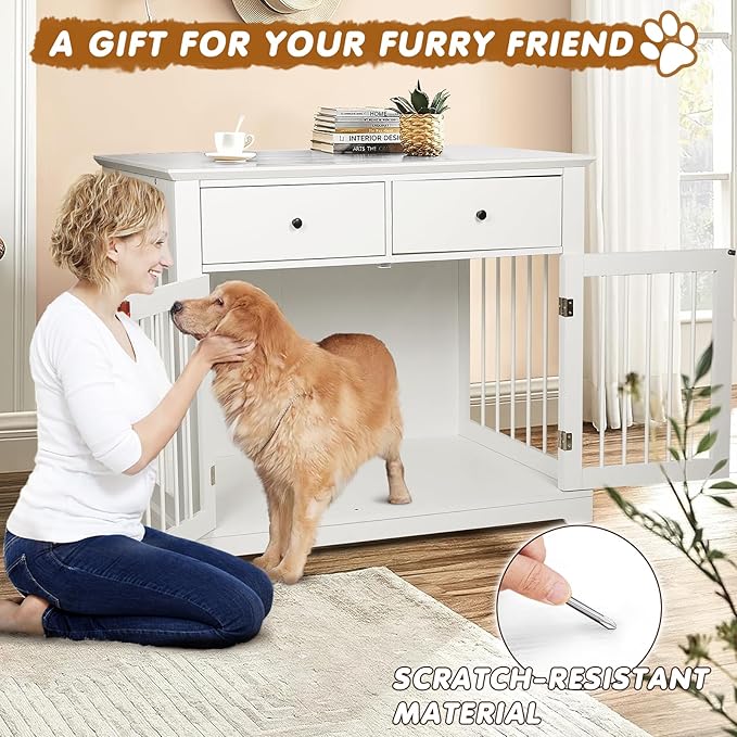 PUKAMI 44inch Large Dog Crate Furniture with Drawers, Wooden Dog Kennel Furniture for Indoor use, White End Table Dog House, for Small/Medium/Large Dog