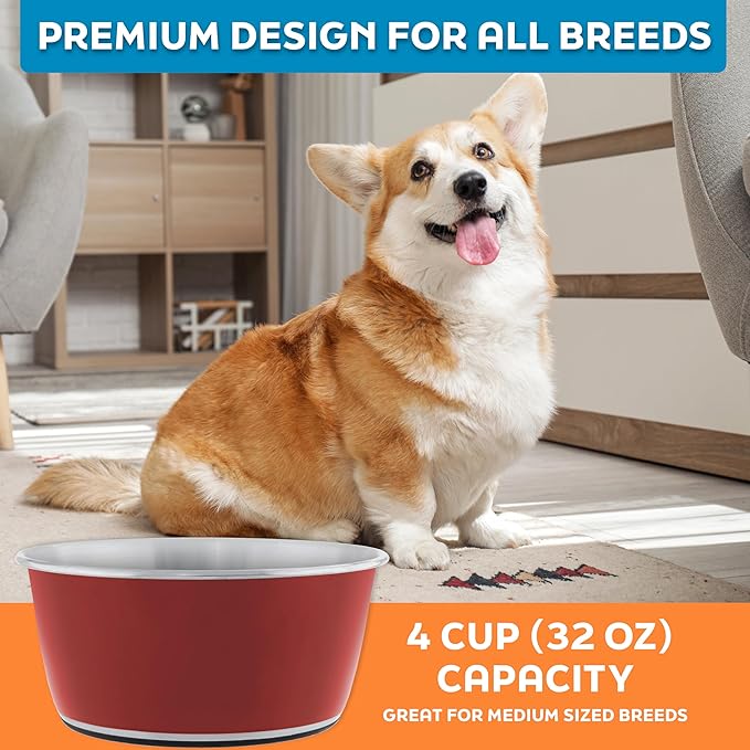 Master Pet Supply Stainless Steel Dog Bowls Set of 2 (32 Oz Each) with Non-Slip Rubber Base - Crimson Flame - Basic Dog Food Bowl Water & Food Bowls for Small Medium Large Dogs & Cats, Metal Dish