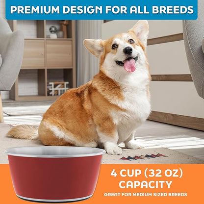 Master Pet Supply Stainless Steel Dog Bowls Set of 2 (32 Oz Each) with Non-Slip Rubber Base - Crimson Flame - Basic Dog Food Bowl Water & Food Bowls for Small Medium Large Dogs & Cats, Metal Dish