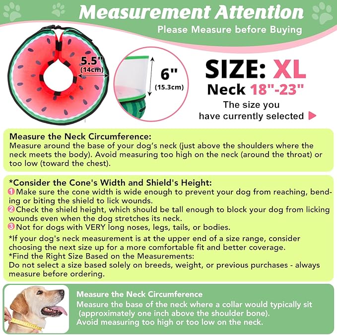 Inflatable Dog Cone with Anti-Licking Clear Shield, Protective Dog Donut Collar After Surgery, Adjustable Soft Recovery Cone for Pets, Alternative Collar with Buckle Strap (Watermelon, XL)