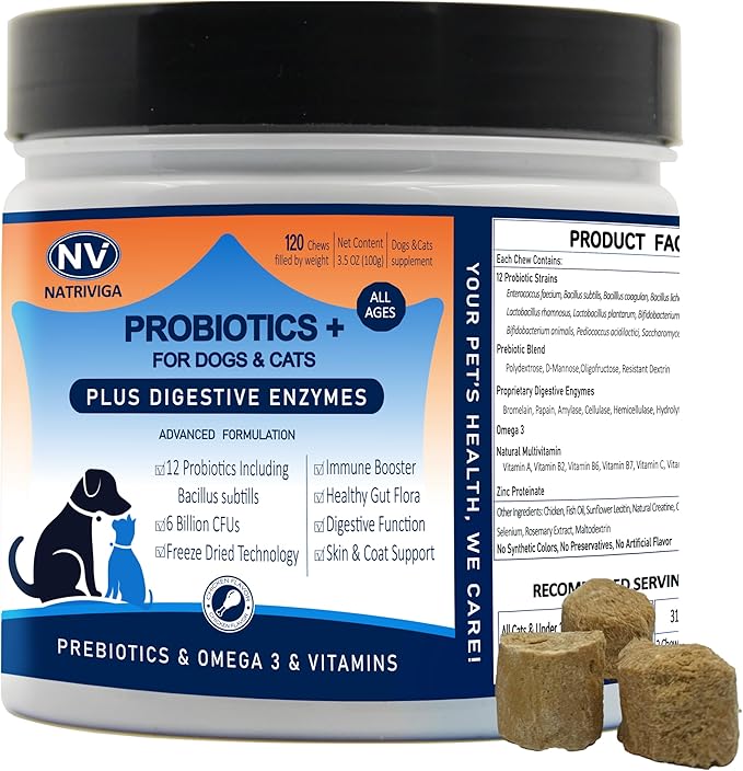Freeze-Dried Probiotics for Dogs with Enzymes, Omega-3 & Zinc - 6B CFUs, 12 Strains + Prebiotics for Gut, Skin & Coat, Immune & Sensitive Stomach Support - Chicken Flavor, 120 Chews