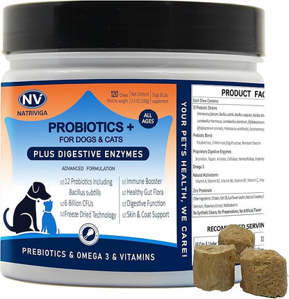 Freeze-Dried Probiotics for Dogs with Enzymes, Omega-3 & Zinc - 6B CFUs, 12 Strains + Prebiotics for Gut, Skin & Coat, Immune & Sensitive Stomach Support - Chicken Flavor, 120 Chews