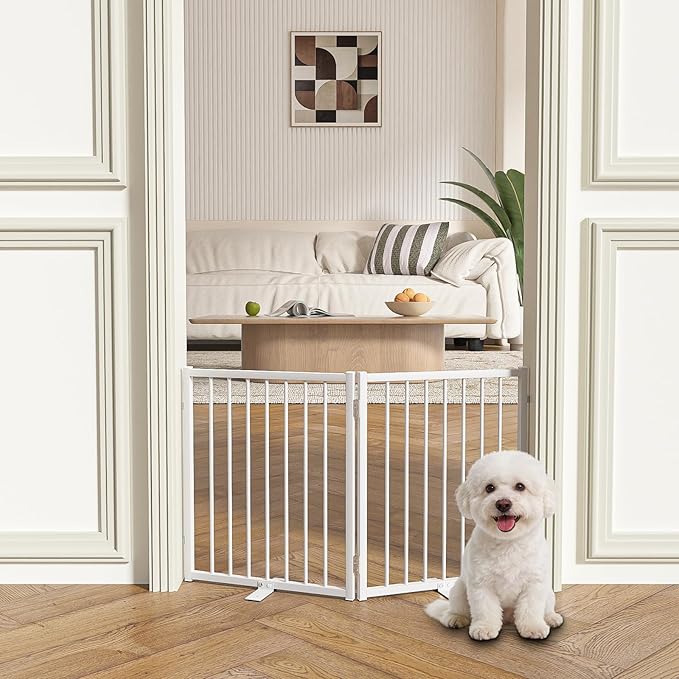 SNUOWU Full Metal Freestanding Gate with Door, 24'' Height Foldable Pet Dog Fence for Indoor & Outdoor, 2 Panels Extra Wide Free Standing Small Dog Gates for Doorways,House,Stairs,Porch,Deck,Yard