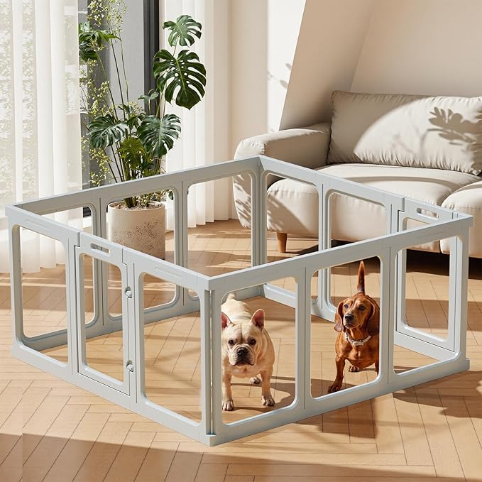 Clear Acrylic Dog Playpen - 50 x 50 Inch, 24" H 12 Planes Transparent Dog Fence Indoor, Sturdy Pet Pen for Puppy/Small Dog/Rabbit/Pig, Easy Assemble & Cleaning Plastic Whelping Box Enclosure, Grey